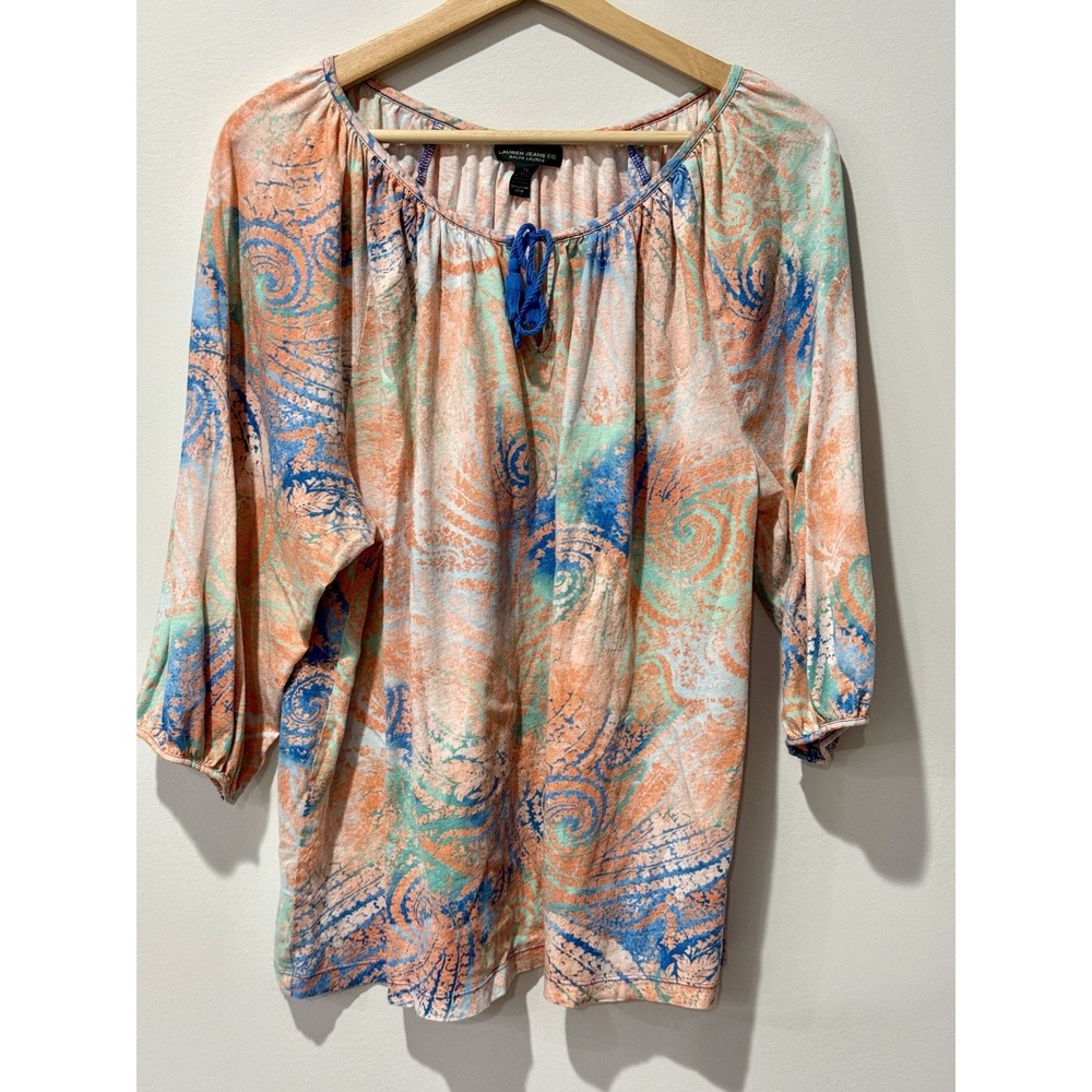 Lauren Ralph Lauren Peasant Top Womens 1X Multicolor Tie Neck Boho Paisley Comfy